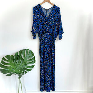 Eloquii Elements Blue Leopard Print Jumpsuit Size 16 V-Neck Short Sleeve Belted